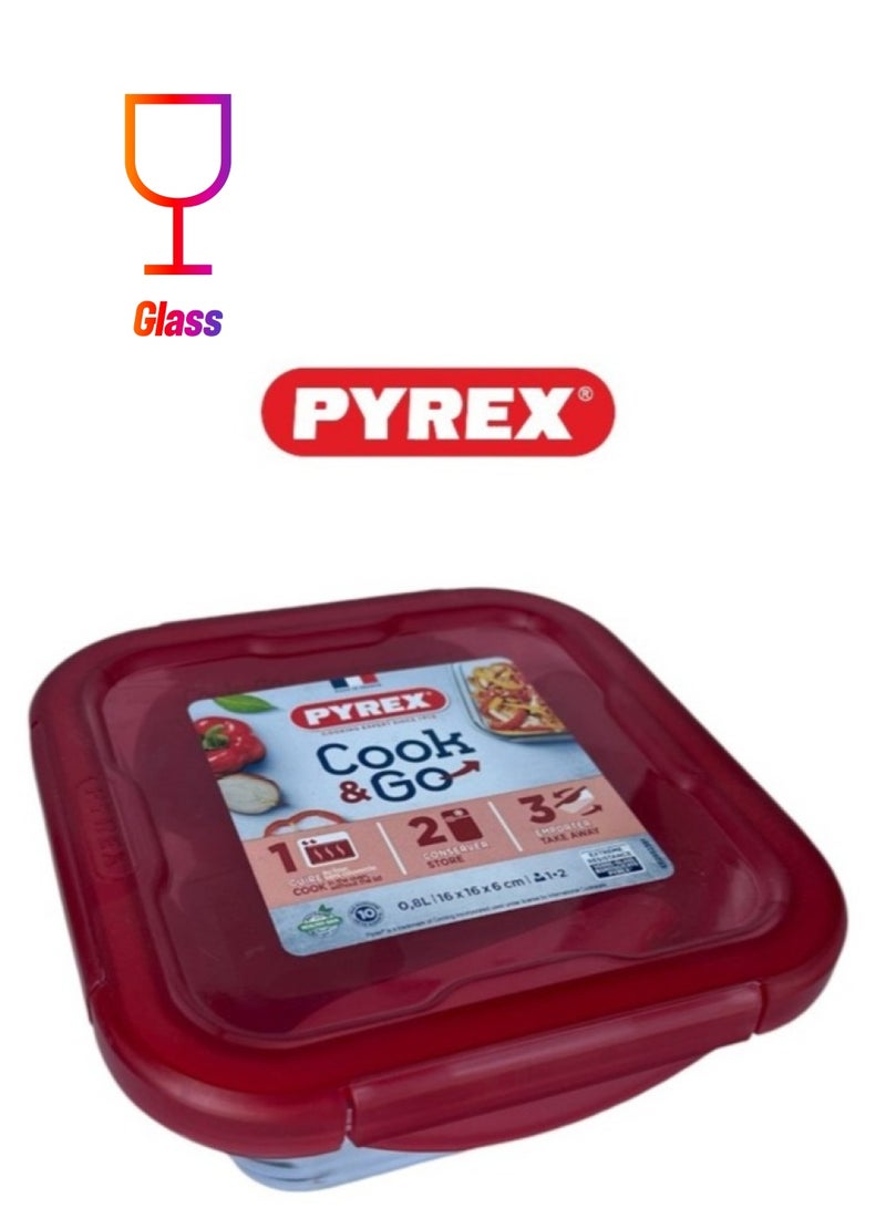 Pyrex Cook&Go 0.8L Square Storage Dish with Airtight Lid - Versatile Freezer-to-Oven Solution Red 0.8Liters - Image 1