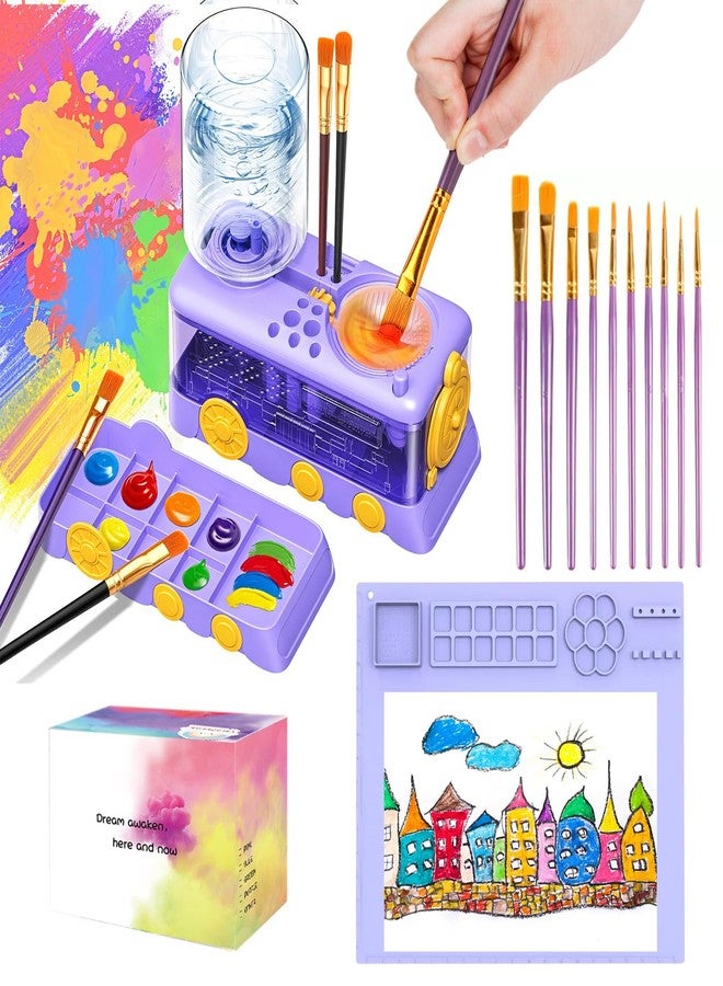 Velachuan Paint Brush Cleaning Kit for Kids with 5 Brushes, Art Smock, Washable Mat, Guidebook, Spiral Brush Cleaner Jar for Watercolor(Purple) - Image 1