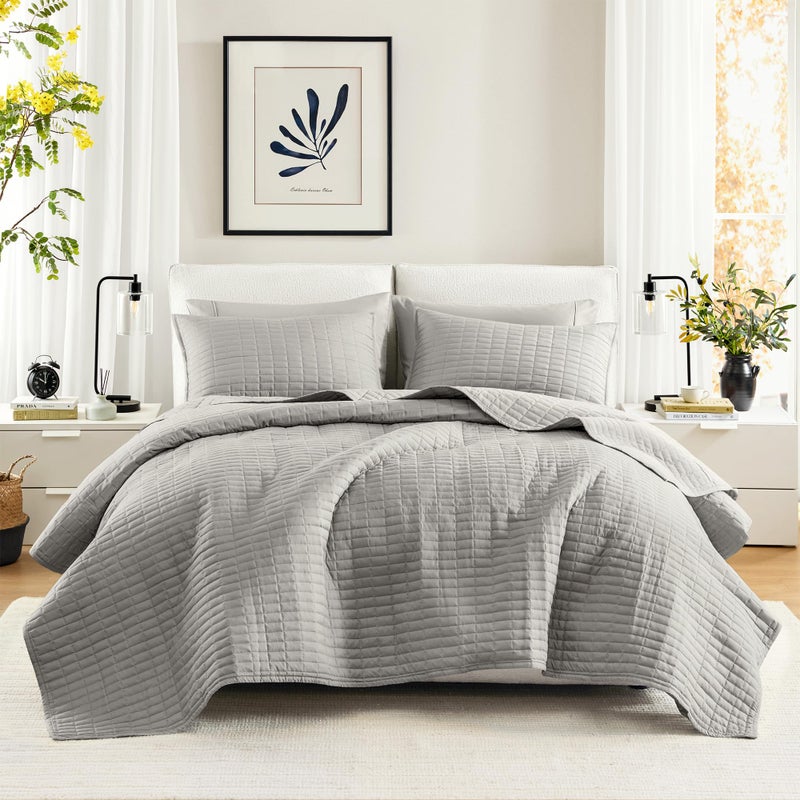 Comfort Spaces Kienna Quilt Set- Double Sided Stitching Design Summer Blanket, Lightweight, Soft, All Season Bedding Layer, Matching Sham, Grey, Coverlet Full/Queen(90"x90") 3 Piece - Image 1