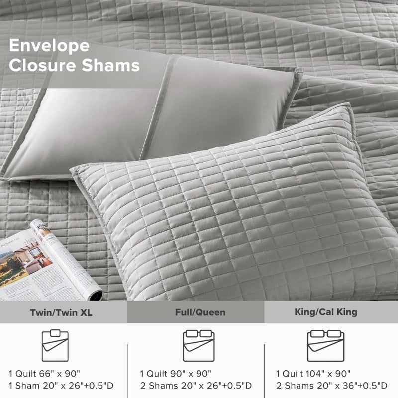Comfort Spaces Kienna Quilt Set- Double Sided Stitching Design Summer Blanket, Lightweight, Soft, All Season Bedding Layer, Matching Sham, Grey, Coverlet Full/Queen(90"x90") 3 Piece - Image 5