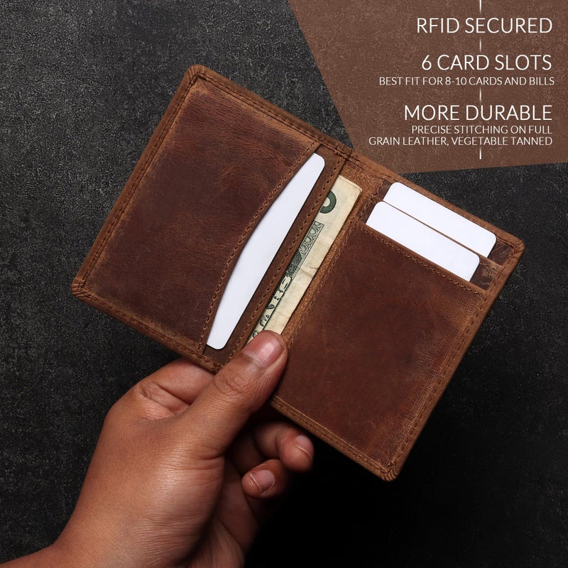 FOXHACKLE Leather Credit Card holder for Men,Thin Bifold RFID blocking Wallet, Slim Front Pocket Minimalist,Small Card Case (Hunter Brownish) - Image 4