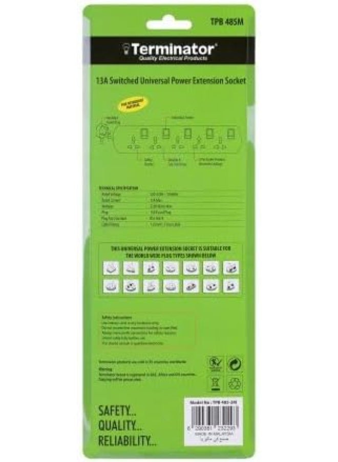 Terminator 5-way universal power extension socket with individual switches, LED indicators, 1.25mm² 2M cable, and 13A fused moulded plug - Image 2