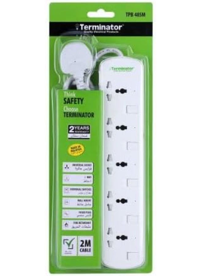 Terminator 5-way universal power extension socket with individual switches, LED indicators, 1.25mm² 2M cable, and 13A fused moulded plug - Image 3