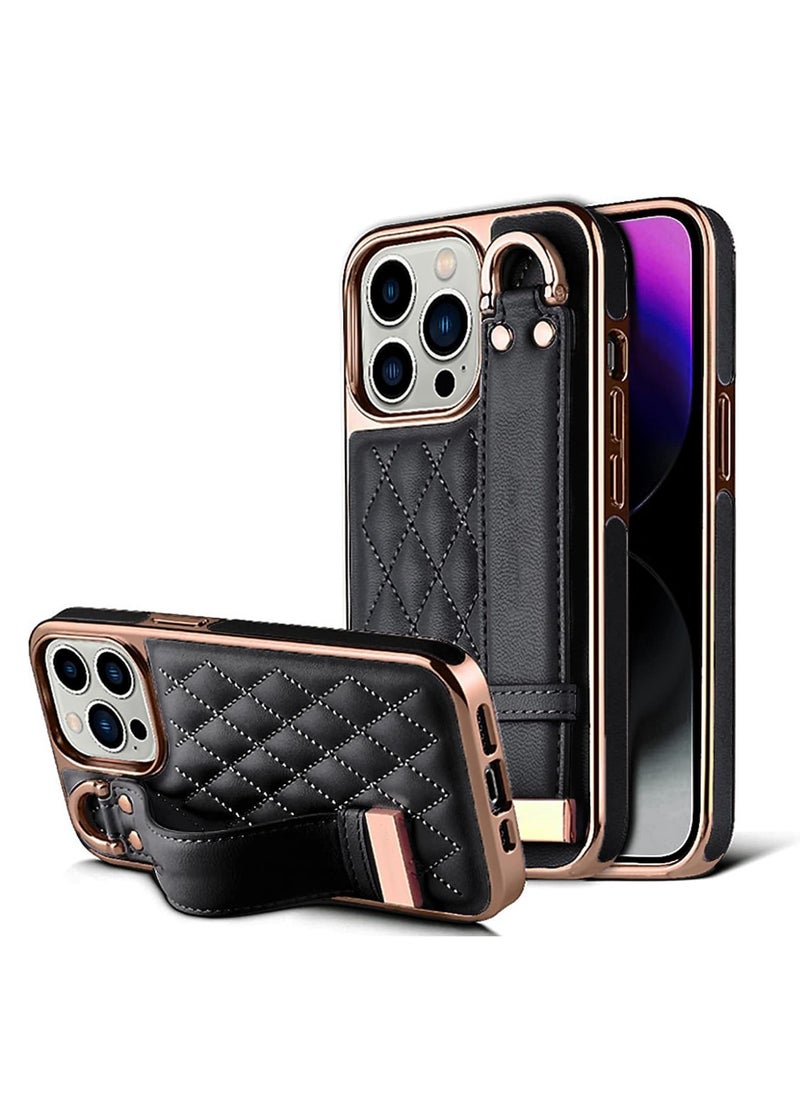 SYOSI - Case for iPhone 14 Pro Max, Premium PU Leather Phone Case with Kickstand, Luxury Gold Plating Edge, Hand Finger Strap, Cute Holder Gift for Women Girls, Soft Thin Protective Cover, 6.7 inch - Black - Image 1