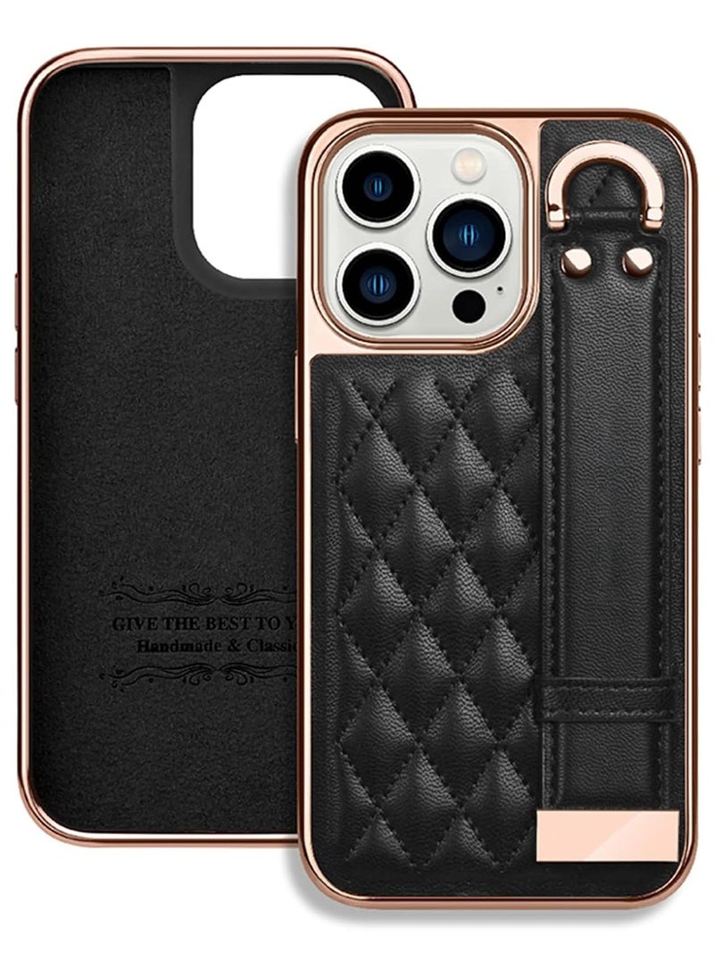 SYOSI - Case for iPhone 14 Pro Max, Premium PU Leather Phone Case with Kickstand, Luxury Gold Plating Edge, Hand Finger Strap, Cute Holder Gift for Women Girls, Soft Thin Protective Cover, 6.7 inch - Black - Image 1