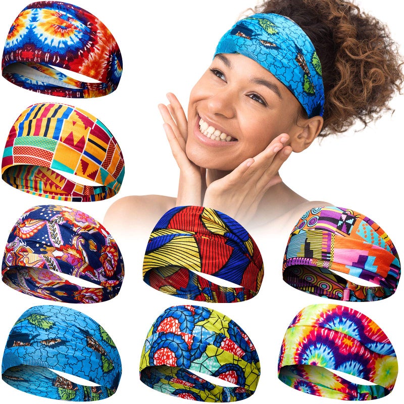 Syhood 8 Pieces African Headband Stretchy Boho Print Headband Yoga Sports Workout Wide Headwrap Elastic Twisted Knot Turban Hairband for Women Girls Hair Accessories - Image 3