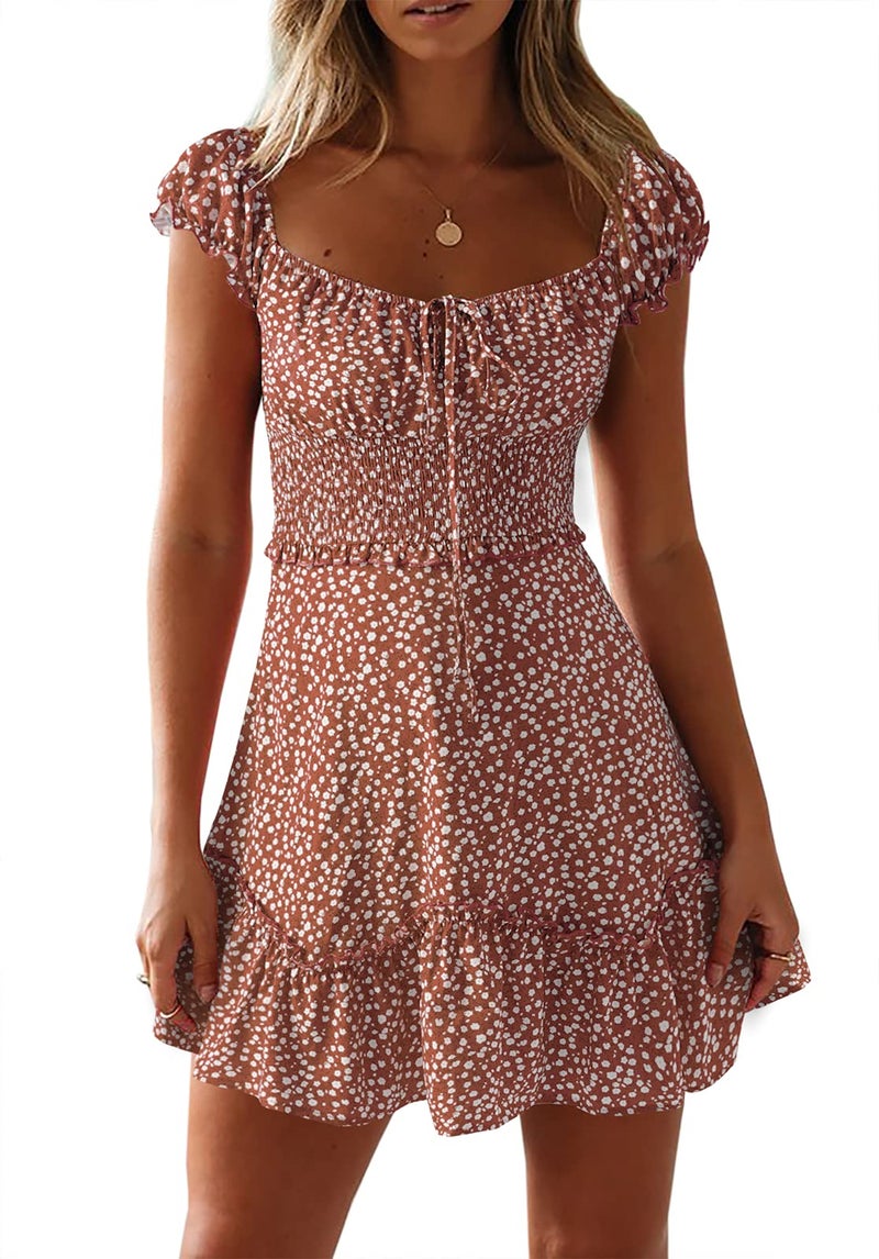 YOBECHO Womens Summer Sexy Sweetheart Collar Printed Ruffle Mini Dress (Red, s) - Image 1