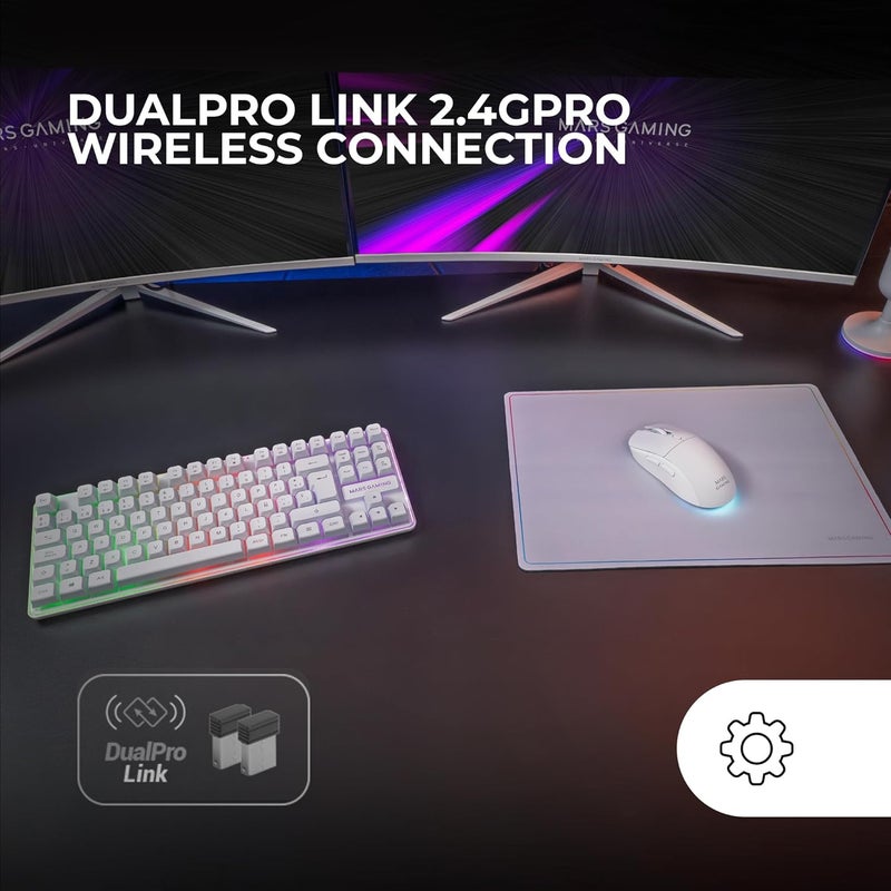 مارس_جيمنج مارس جيمنج MCPWTKL، مجموعة ألعاب لاسلكية، تقنية DualPro Link 2.4GPRO، لوحة مفاتيح TKL FRGB قوس قزح + ماوس RGB 3200DPI ومفاتيح HUANO + حصيرة مانعة للانزلاق 360x260 مم، أبيض، برتغالي - Image 2
