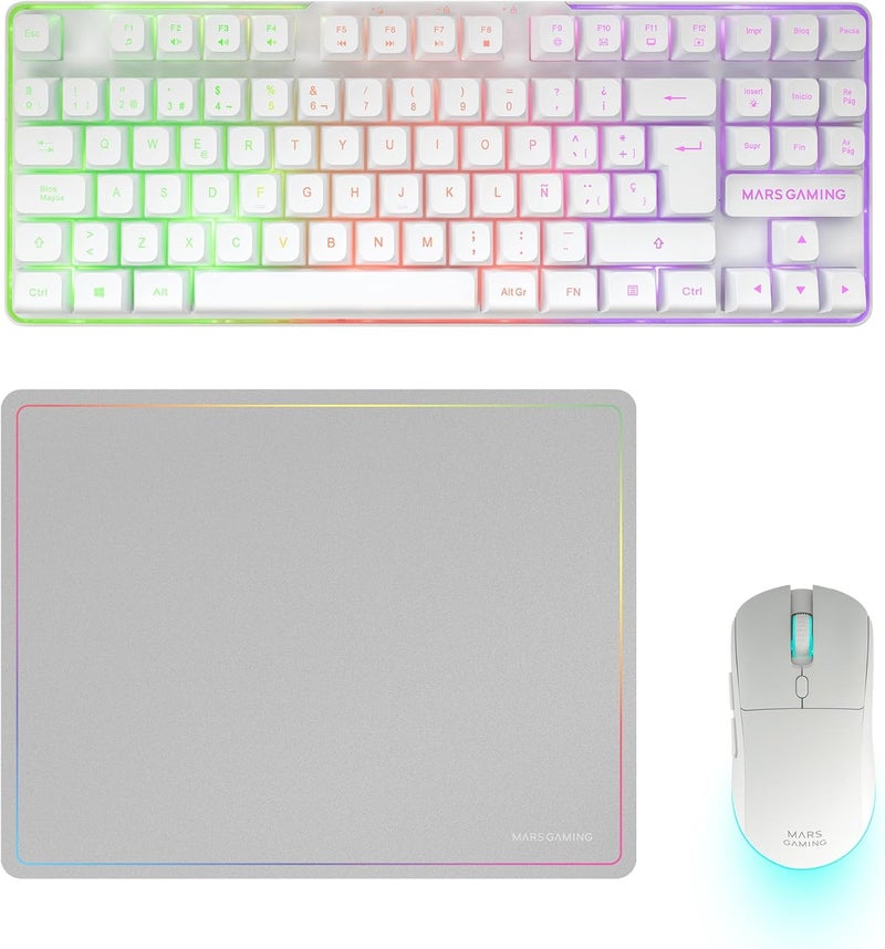 مارس_جيمنج مارس جيمنج MCPWTKL، مجموعة ألعاب لاسلكية، تقنية DualPro Link 2.4GPRO، لوحة مفاتيح TKL FRGB قوس قزح + ماوس RGB 3200DPI ومفاتيح HUANO + حصيرة مانعة للانزلاق 360x260 مم، أبيض، برتغالي - Image 1