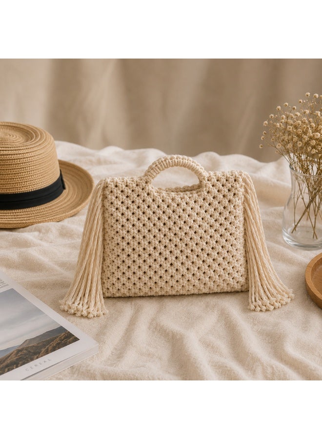 Antikiano **Handmade Macrame Handbag for Women – Woven Top Handle Bag – Off White – 40 × 37 cm** - Image 3