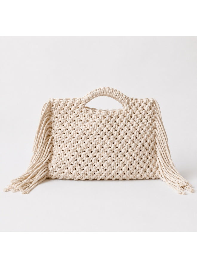 Antikiano **Handmade Macrame Handbag for Women – Woven Top Handle Bag – Off White – 40 × 37 cm** - Image 1