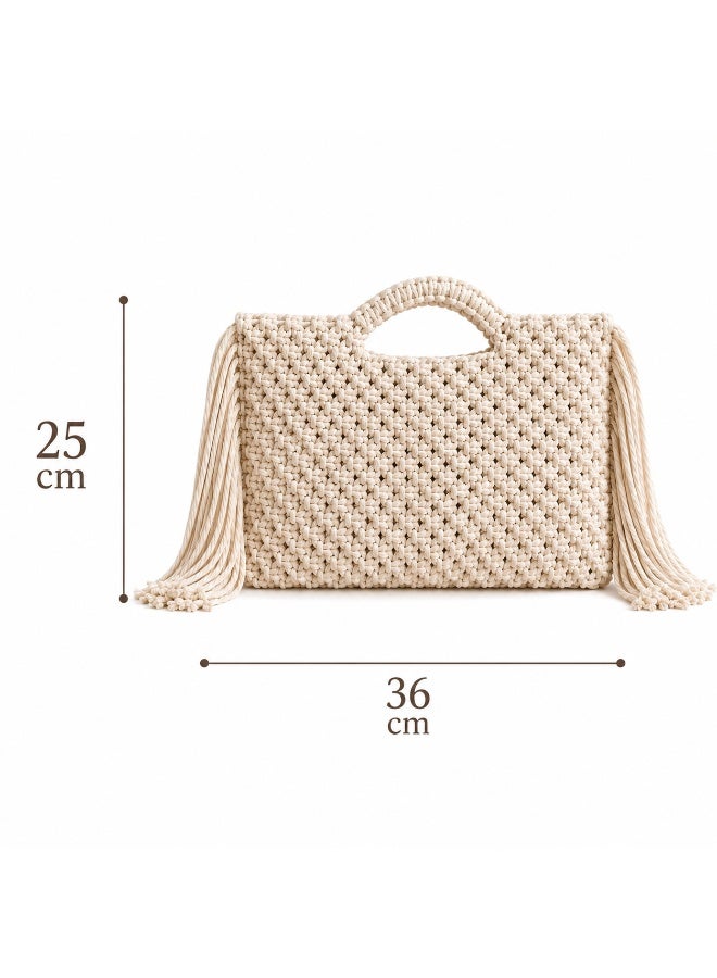 Antikiano **Handmade Macrame Handbag for Women – Woven Top Handle Bag – Off White – 40 × 37 cm** - Image 2