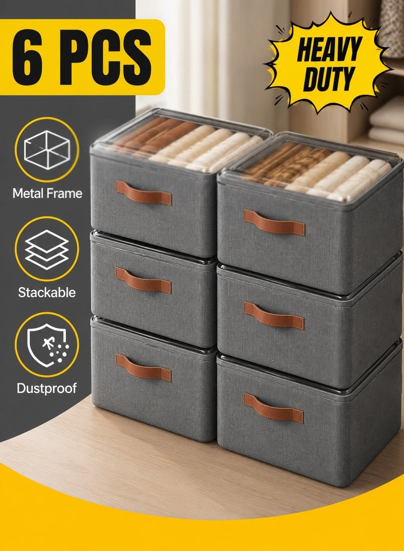 Joybos 6 Pcs Foldable Storage Boxes with Metal Frame – Heavy Duty Stackable Closet Organizer Bins for Wardrobe Clothes Storage – Reinforced Fabric Cube Storage Containers for Bedroom Closet Organization - Image 1