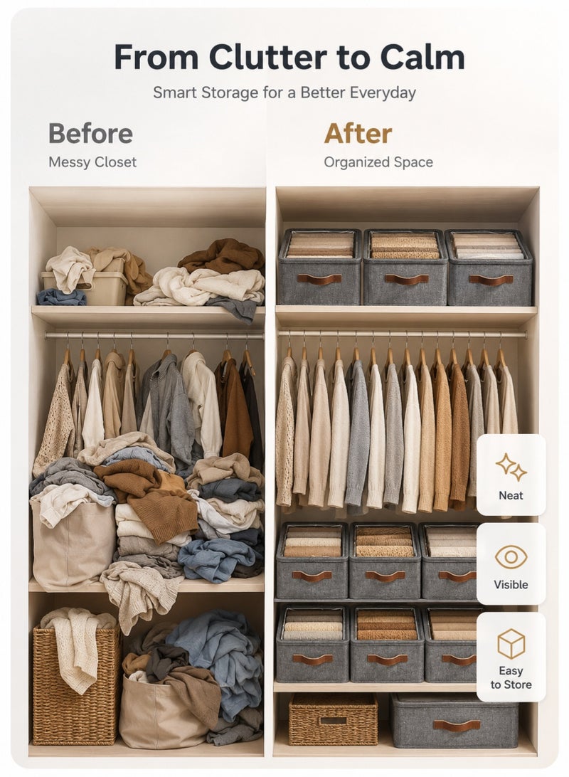 Joybos 6 Pcs Foldable Storage Boxes with Metal Frame – Heavy Duty Stackable Closet Organizer Bins for Wardrobe Clothes Storage – Reinforced Fabric Cube Storage Containers for Bedroom Closet Organization - Image 2