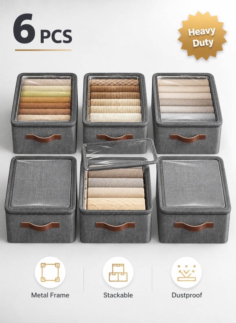 Joybos 6 Pcs Foldable Storage Boxes with Metal Frame – Heavy Duty Stackable Closet Organizer Bins for Wardrobe Clothes Storage – Reinforced Fabric Cube Storage Containers for Bedroom Closet Organization - Image 1