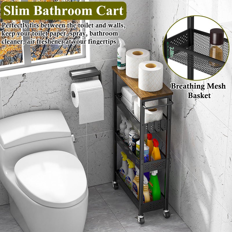 OKZEST Utility Slim Storage Cart, 4 Tier Small Rolling Kitchen Laundry Room Cart with Wood Top, Metal Narrow Bathroom Storage Cabinet Mobile Shelf Unit Organizer Trolley with Handle for Narrow Space - Image 5