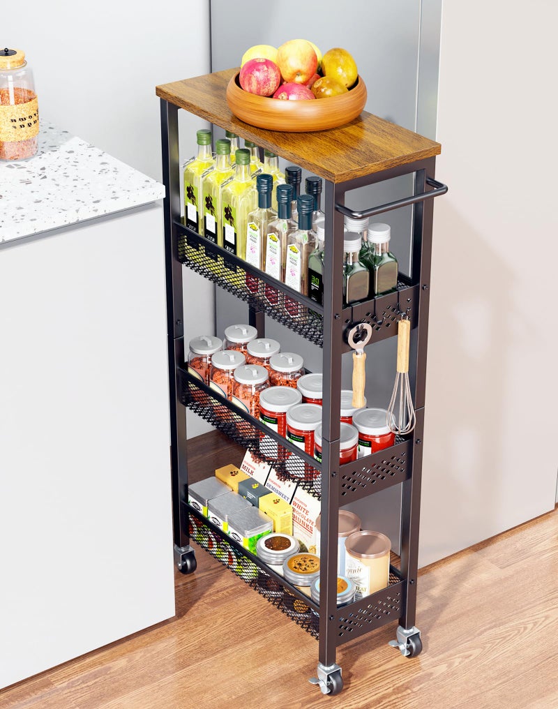 OKZEST Utility Slim Storage Cart, 4 Tier Small Rolling Kitchen Laundry Room Cart with Wood Top, Metal Narrow Bathroom Storage Cabinet Mobile Shelf Unit Organizer Trolley with Handle for Narrow Space - Image 1