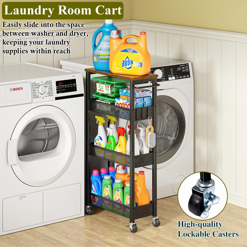 OKZEST Utility Slim Storage Cart, 4 Tier Small Rolling Kitchen Laundry Room Cart with Wood Top, Metal Narrow Bathroom Storage Cabinet Mobile Shelf Unit Organizer Trolley with Handle for Narrow Space - Image 4