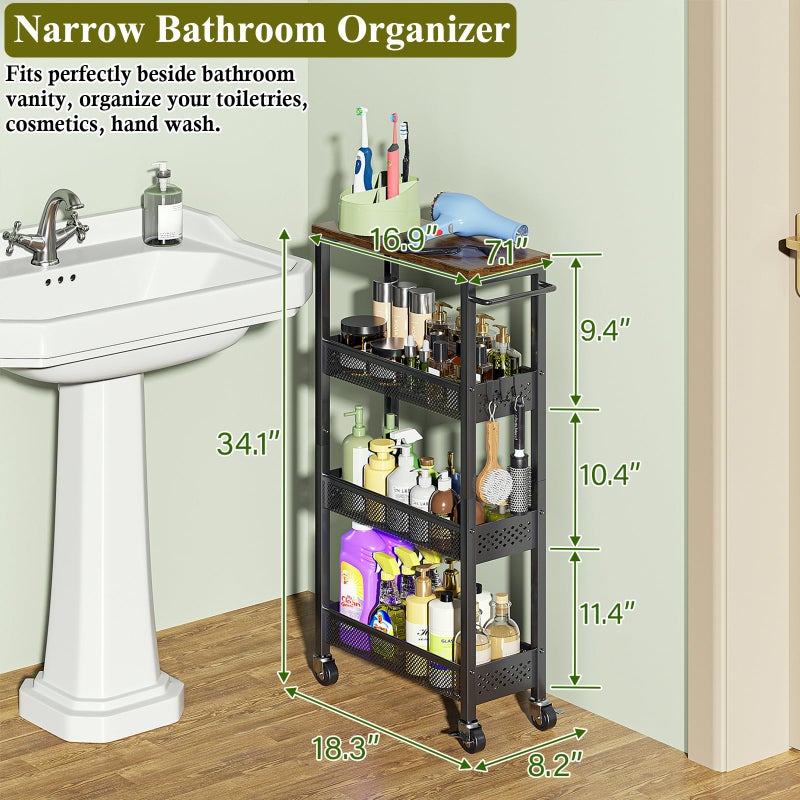OKZEST Utility Slim Storage Cart, 4 Tier Small Rolling Kitchen Laundry Room Cart with Wood Top, Metal Narrow Bathroom Storage Cabinet Mobile Shelf Unit Organizer Trolley with Handle for Narrow Space - Image 2