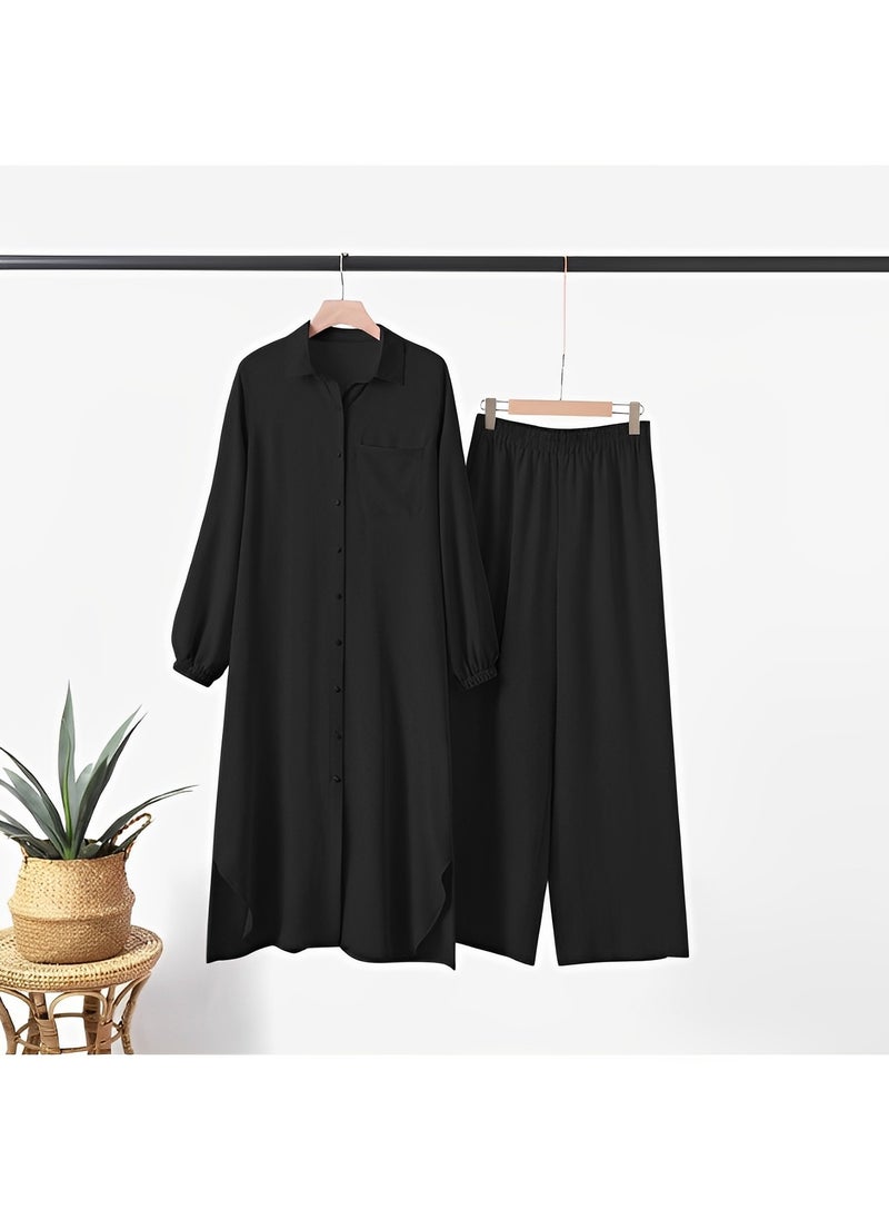 REOCLE - Women's Muslim 2 Pieces Sets Long Sleeve Button Down Shirt and Pants Abaya Casual Dress Dubai Outfits - Image 1