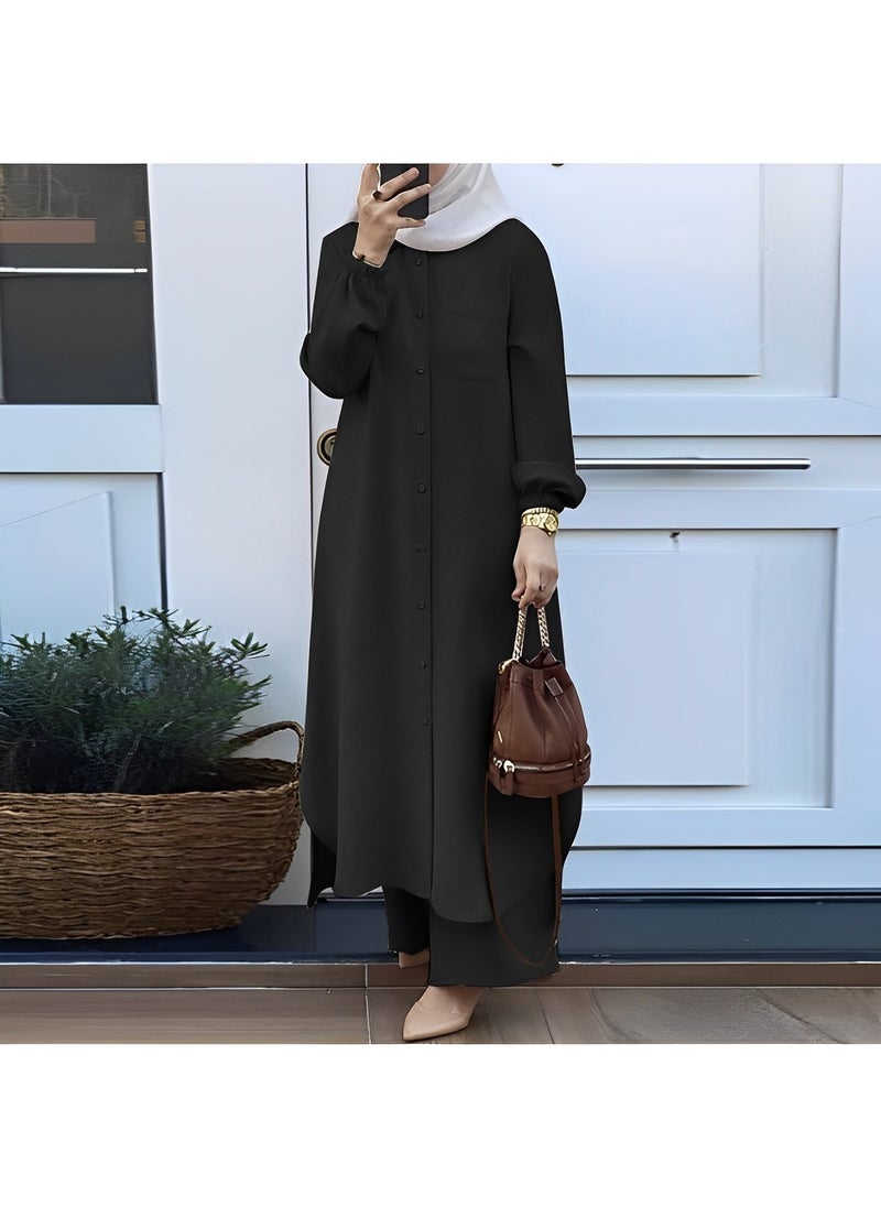 REOCLE - Women's Muslim 2 Pieces Sets Long Sleeve Button Down Shirt and Pants Abaya Casual Dress Dubai Outfits - Image 1