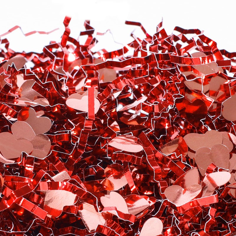 PAPER FAIR 1 LB Valentines Day Crinkle Cut Paper with Rose Gold Heart Confetti Metallic Red Paper Shred Filler Strand Raffia Tissue Craft Bedding Cushion Christmas Party Birthday Gift Box Basket