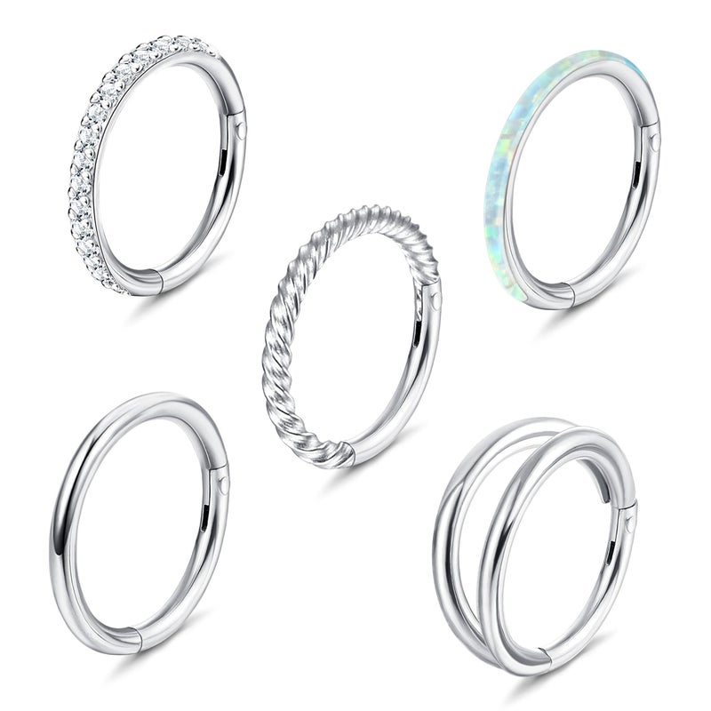 Jstyle خواتم أنف جراحي من الفولاذ المقاوم للصدأ 5 قطع 18G 16G للنساء حلقة أوبال CZ قابلة للنقر مفصلية للحاجز حلقة أنف شفة حلقة هليكس حلقة أذن دايث روك كونش مجوهرات ثقب الأنف للنساء 8mm 16G - Image 1