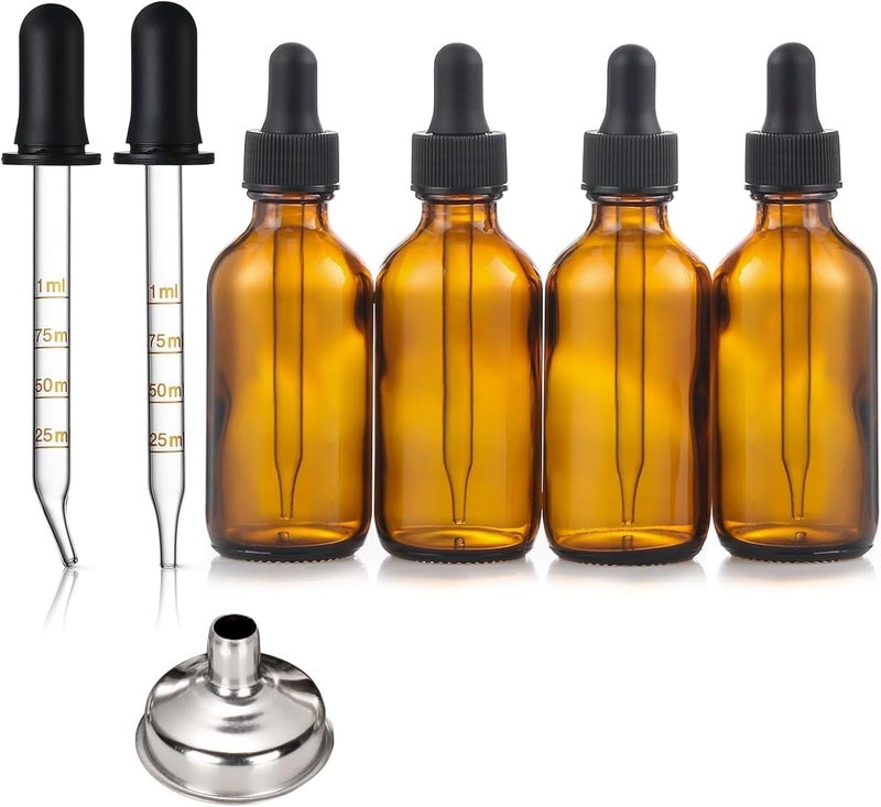 Sawanork 4 Pack 50ml Dropper Bottles with 2 Extra 1mL Calibrated Glass Droppers & 1 Funnel, Thick Dark Amber Glass Tincture Bottles with Eye Droppers - Image 1