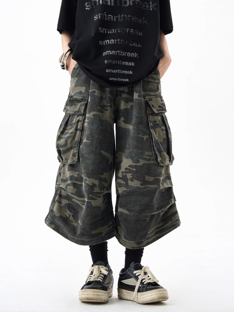 National Fashion American Retro Camouflage Workwear Shorts Summer Mens and Womens Loose Large Pocket Casual Wide-leg Cropped Pants Straight Pants Camouflage 