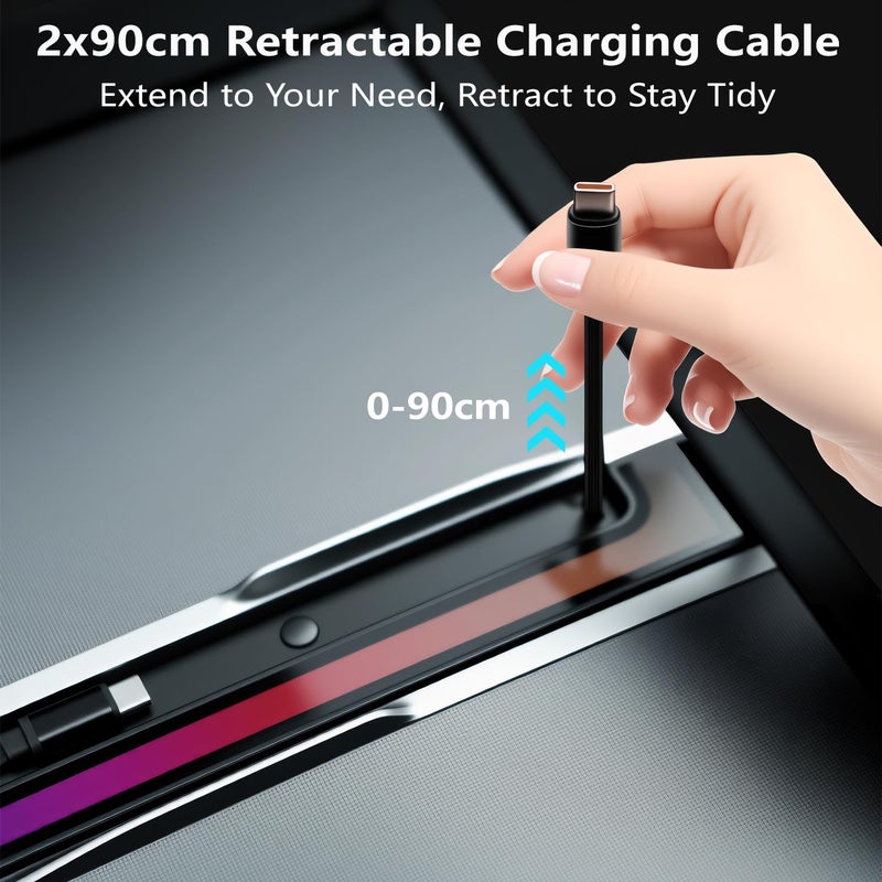 Vellhezy USB Hub for Tesla Model Y Juniper 2025-2026 & Model 3 Highland 2024-2025 Accessories, 120W USB-C Fast Charging with Retractable Cables, 2-Port Built in RGB Ambient Light fit Center Console - Image 4