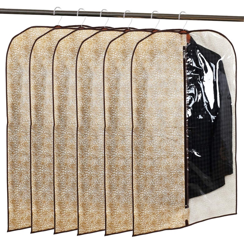 Kuber Industries Kuber Industries Metallic Printed Half Transparent Non Woven Mens Blazer Suit CoverZipper Closure Sturdy HookSize 94 x 61 x 1 CMPack of 6 Golden Brown - Image 1