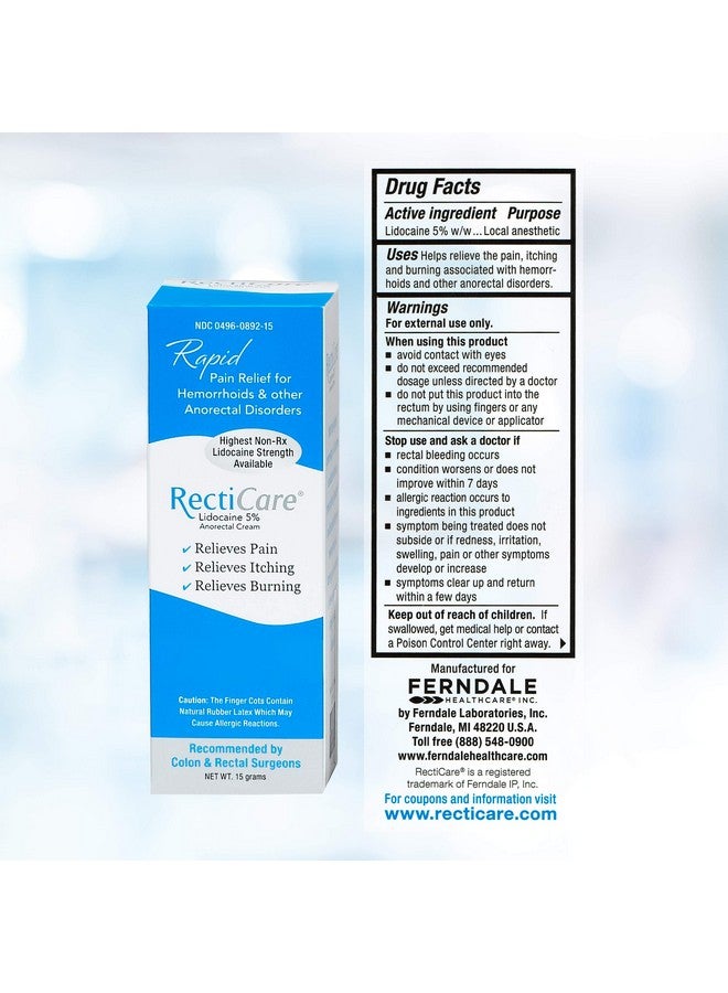 Recticare Anorectal Lidocaine 5% Cream: Treatment for Hemorrhoids & Other Anorectal Disorders - 15g Tube - Image 2