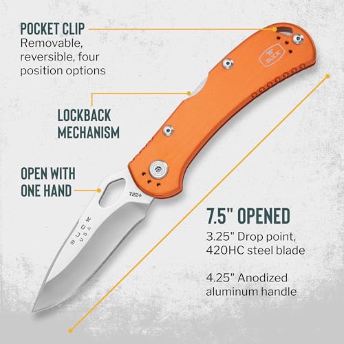 Buck Knives 722 Spitfire Folding EDC Knife, 3-1/4” Pocket Knife Blade, Lockback Design, Aluminum Handles, 420HC Stainless Steel Drop Point Folding Blade, Knife Made in the USA, Orange, 3.2 oz - Image 4