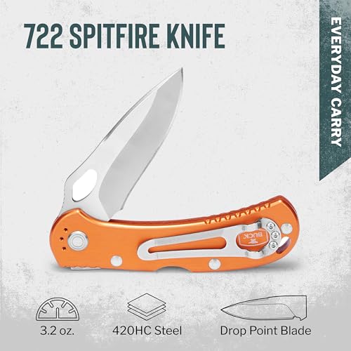 Buck Knives 722 Spitfire Folding EDC Knife, 3-1/4” Pocket Knife Blade, Lockback Design, Aluminum Handles, 420HC Stainless Steel Drop Point Folding Blade, Knife Made in the USA, Orange, 3.2 oz - Image 2