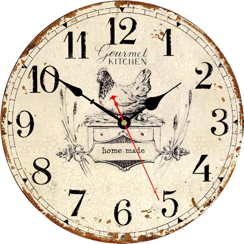 Toudorp Rustic Wall Clock French Country Vintage 14 Inch Battery Operated Silent NonTicking Wooden Wall Clocks Retro Arabic Numerals Animal Hen Style Gourmet Kitchen