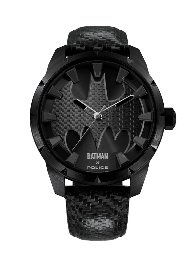 بوليس The Bat Men's 45mm Watch with Brushed Black Carbon Fiber Dial, Polished Gun Diamond Cut Edge, Genuine Leather Strap