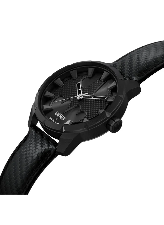 بوليس The Bat Men's 45mm Watch with Brushed Black Carbon Fiber Dial, Polished Gun Diamond Cut Edge, Genuine Leather Strap