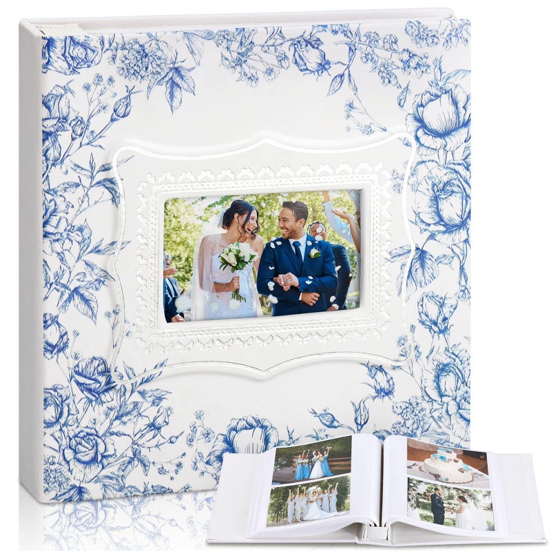 Dunzoom Vintage Floral White Blue Photo Album Holds 200 Pcs 4 x 6 Inch Leather Memory Wedding Anniversary Album with Front Window Double Heart Scrapbook for Couple Gifts - Image 1