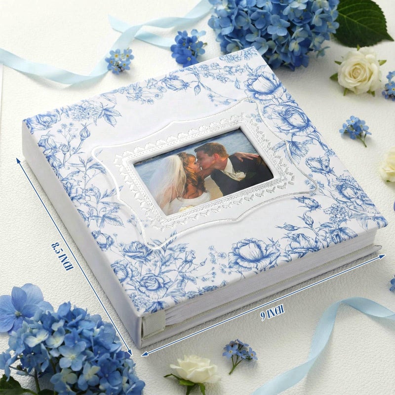 Dunzoom Vintage Floral White Blue Photo Album Holds 200 Pcs 4 x 6 Inch Leather Memory Wedding Anniversary Album with Front Window Double Heart Scrapbook for Couple Gifts - Image 2