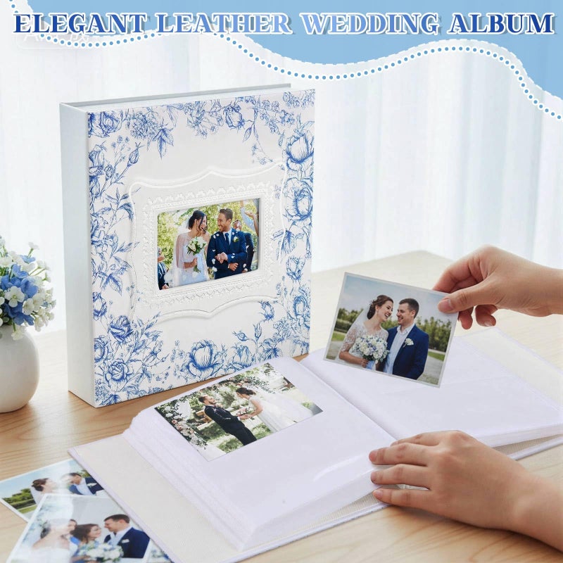 Dunzoom Vintage Floral White Blue Photo Album Holds 200 Pcs 4 x 6 Inch Leather Memory Wedding Anniversary Album with Front Window Double Heart Scrapbook for Couple Gifts - Image 3