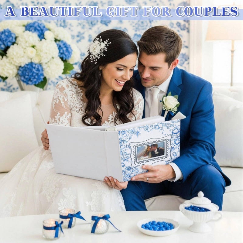 Dunzoom Vintage Floral White Blue Photo Album Holds 200 Pcs 4 x 6 Inch Leather Memory Wedding Anniversary Album with Front Window Double Heart Scrapbook for Couple Gifts - Image 5