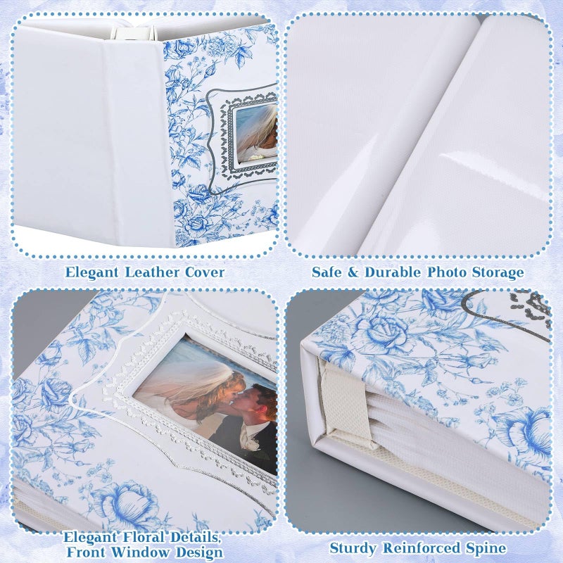 Dunzoom Vintage Floral White Blue Photo Album Holds 200 Pcs 4 x 6 Inch Leather Memory Wedding Anniversary Album with Front Window Double Heart Scrapbook for Couple Gifts - Image 4