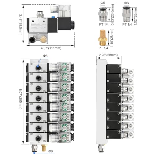 Baomain 8 Station Solenoid Valve Manifold, 12V DC 3 Way 2 Position Pneumatic Air Valve, Eight Solenoid, 1/4" PT Port, Includes Manifold Base & Mufflers, 3V210-08 - Image 2