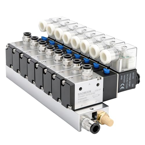 Baomain 8 Station Solenoid Valve Manifold, 12V DC 3 Way 2 Position Pneumatic Air Valve, Eight Solenoid, 1/4" PT Port, Includes Manifold Base & Mufflers, 3V210-08 - Image 1