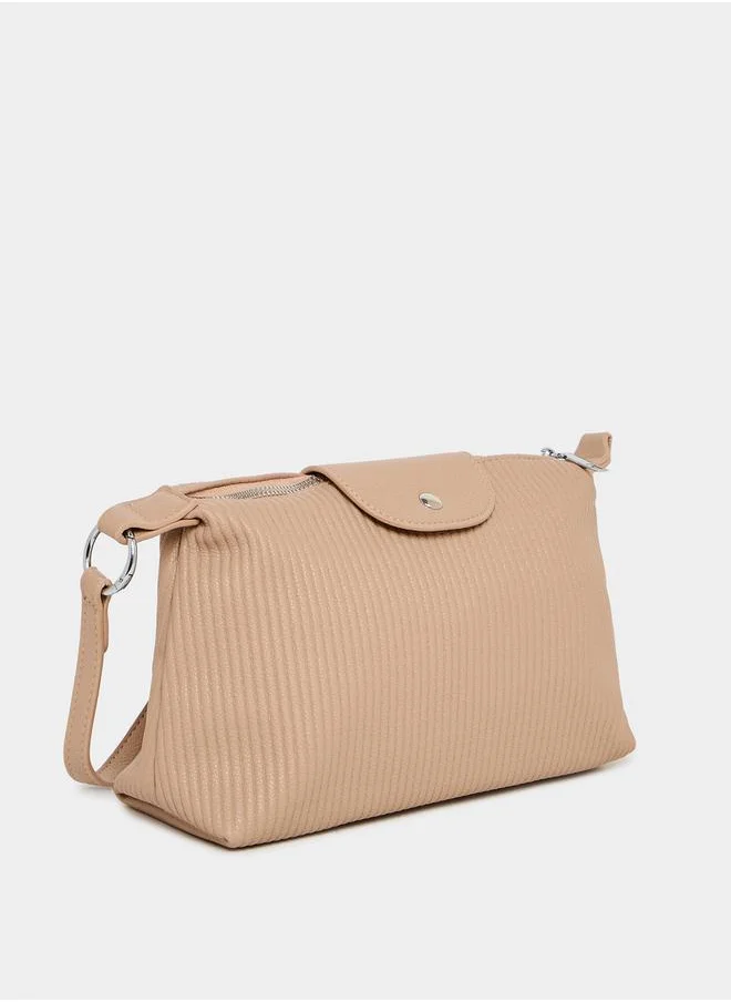 Styli Textured Shoulder Bag with Flap Detail