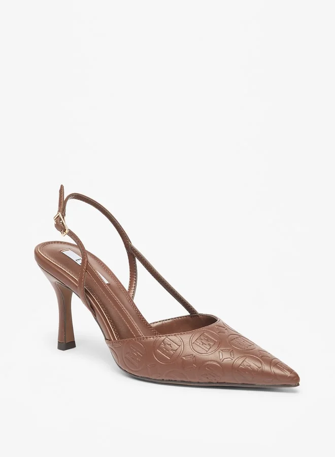 ELLE Women's Monogram Embossed Slingback Shoes with Stiletto Heels