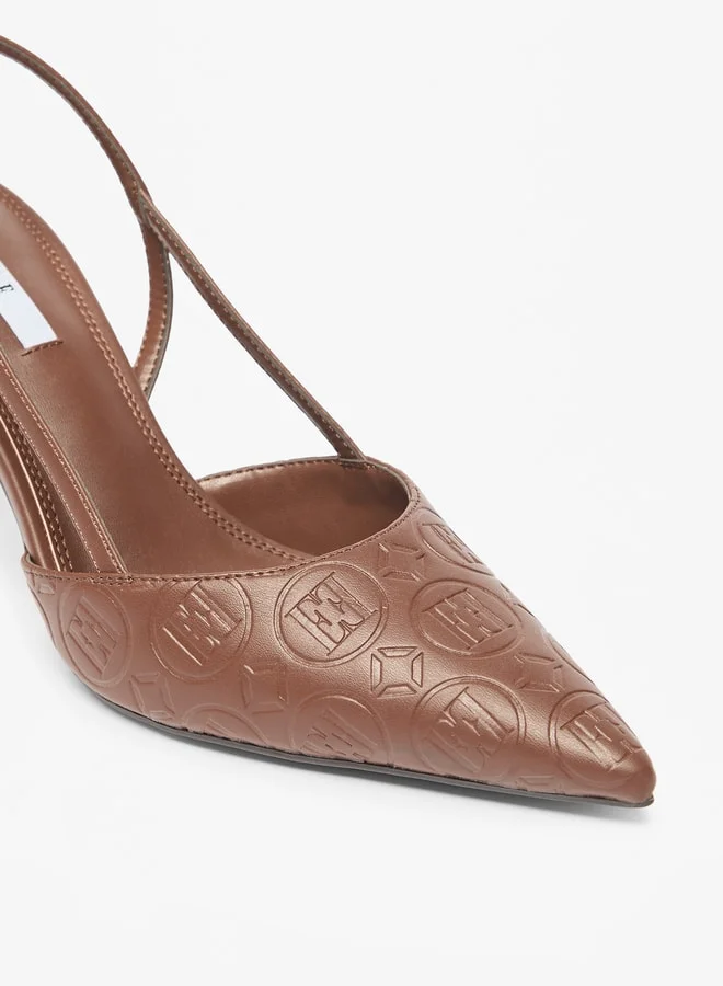 ELLE Women's Monogram Embossed Slingback Shoes with Stiletto Heels