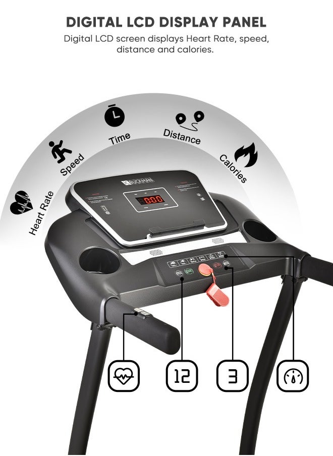 Buckman V-Jog Treadmill: Entry Level Home Treadmill, 2.0 Hp Motor, Foldable Treadmill For Home Use With Lcd, 3 Levels Incline, Low Impact Running Deck And 12 Preset Programs