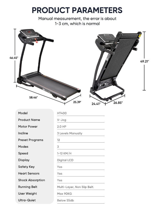 Buckman V-Jog Treadmill: Entry Level Home Treadmill, 2.0 Hp Motor, Foldable Treadmill For Home Use With Lcd, 3 Levels Incline, Low Impact Running Deck And 12 Preset Programs