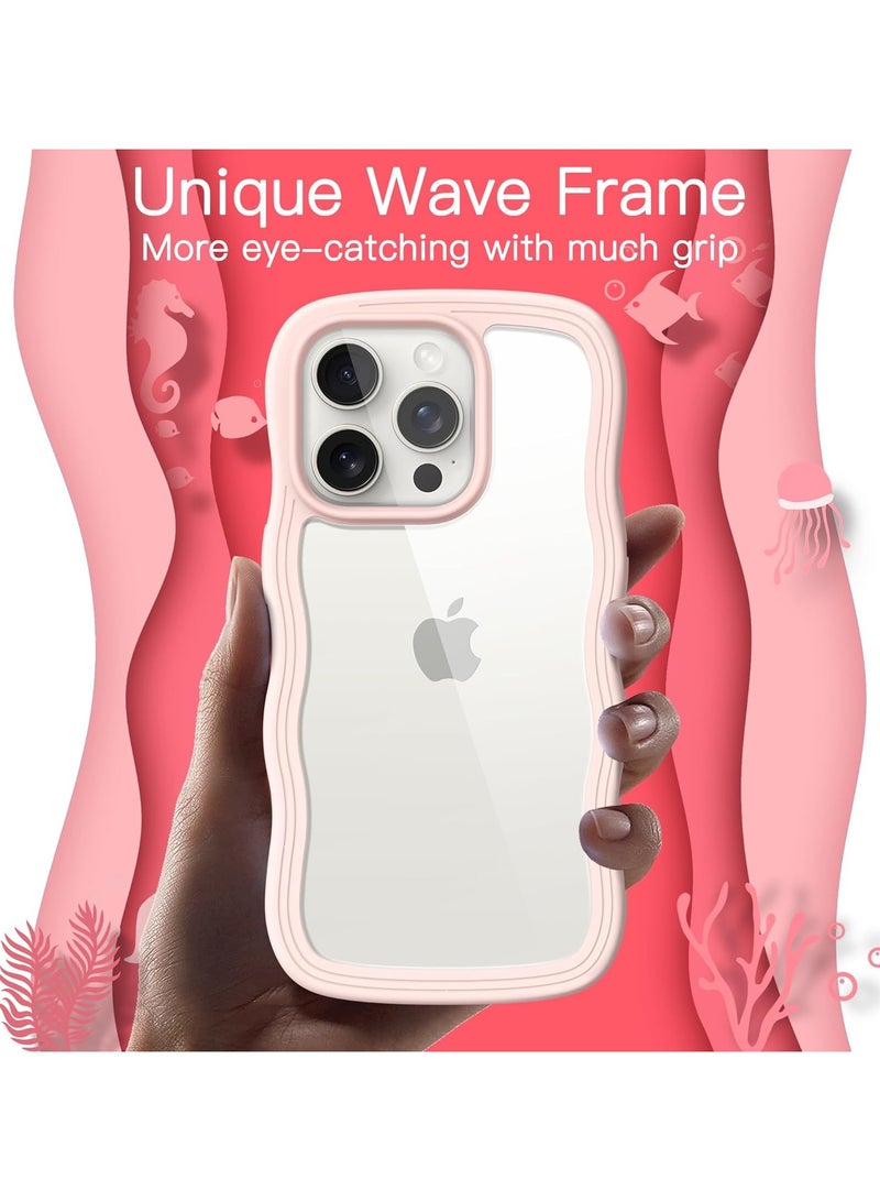 VKL Cute Case for iPhone 15 Pro Max 6.7-Inch, Wave Frame Curly Shape Shockproof Phone Cover for Women and Girls, Clear Hard PC Back (Pink) - Image 3